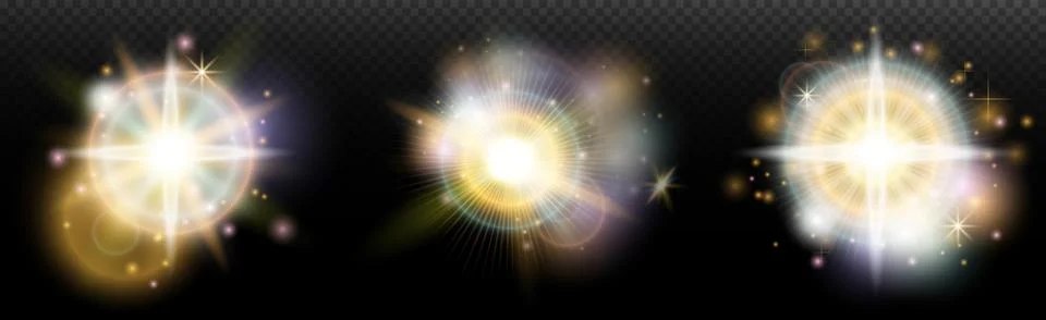 Set of flash light effect with glare and glow on a transparent background. Ma Stock Illustration