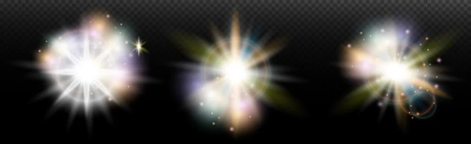Set of flash light effect with glare and glow on a transparent background. Ma 스톡 일러스트