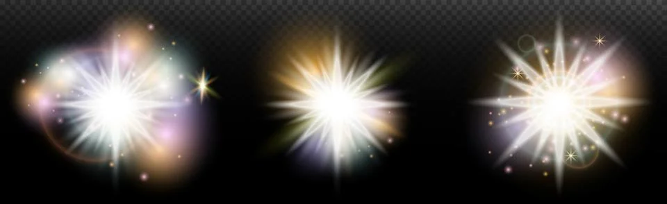 Set of flash light effect with glare and glow on a transparent background. Ma Stock Illustration