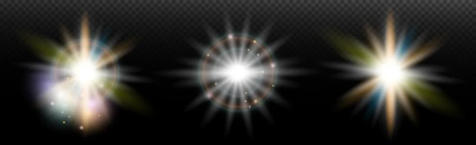Set of flash light effect with glare and glow on a transparent background. Ma Stock Illustration