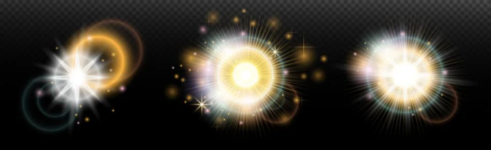 Set of flash light effect with glare and glow on a transparent background. Ma Illustrazione stock
