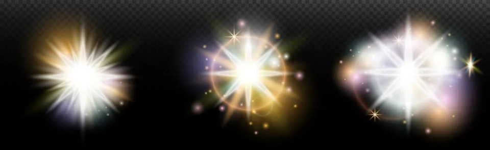 Set of flash light effect with glare and glow on a transparent background. Ma Stock Illustration