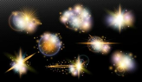 Set of flash light effect with glare and glow on a transparent background. Ma 스톡 일러스트