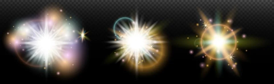 Set of flash light effect with glare and glow on a transparent background. Ma Stock Illustration