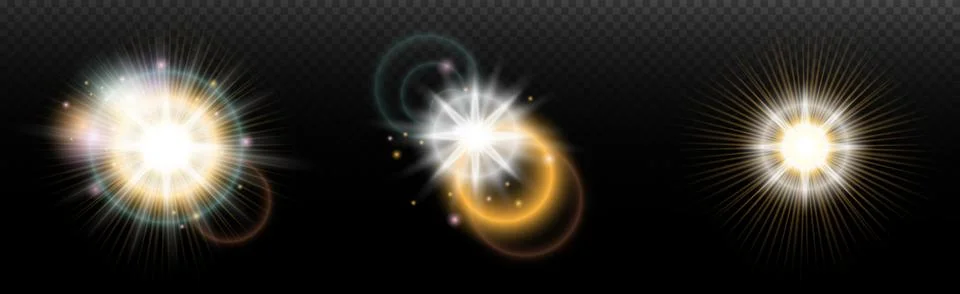 Set of flash light effect with glare and glow on a transparent background. Ma 스톡 일러스트
