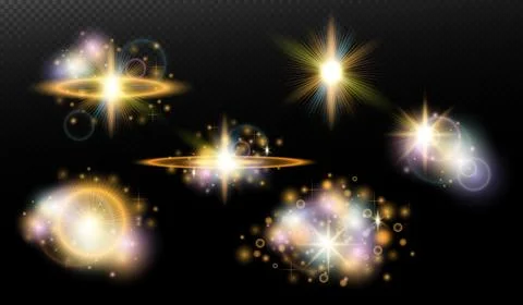 Set of flash light effect with glare and glow on a transparent background. Ma Illustrazione stock