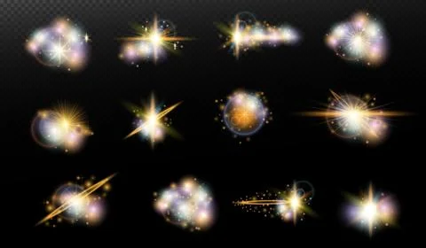 Set of flash light effect with glare and glow on a transparent background. Ma Illustrazione stock