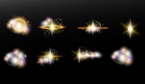 Set of flash light effect with glare and glow on a transparent background. Ma 스톡 일러스트