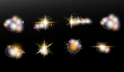 Set of flash light effect with glare and glow on a transparent background. Ma 스톡 일러스트