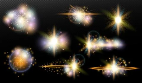 Set of flash light effect with glare and glow on a transparent background. Ma Illustrazione stock
