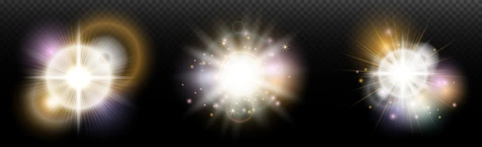 Set of flash light effect with glare and glow on a transparent background. Ma 스톡 일러스트