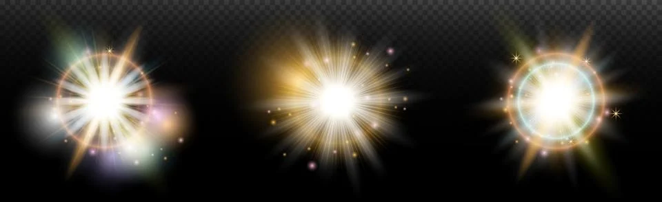 Set of flash light effect with glare and glow on a transparent background. Ma Stock Illustration