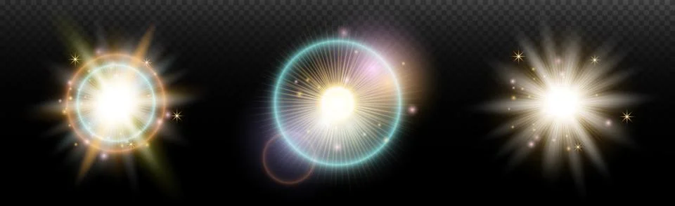 Set of flash light effect with glare and glow on a transparent background. Ma 스톡 일러스트