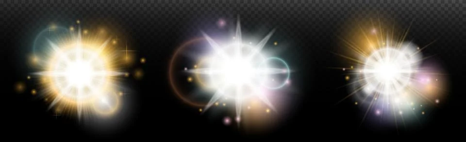 Set of flash light effect with glare and glow on a transparent background. Ma 스톡 일러스트