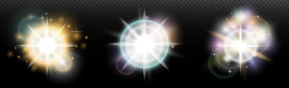 Set of flash light effect with glare and glow on a transparent background. Ma Illustrazione stock