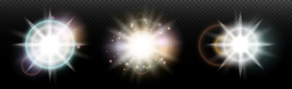 Set of flash light effect with glare and glow on a transparent background. Ma 스톡 일러스트