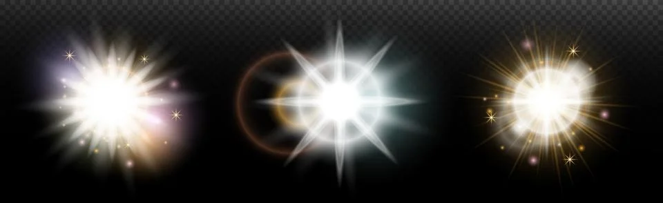 Set of flash light effect with glare and glow on a transparent background. Ma Illustrazione stock