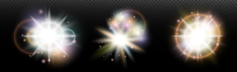 Set of flash light effect with glare and glow on a transparent background. Ma 스톡 일러스트
