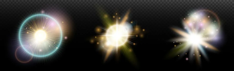 Set of flash light effect with glare and glow on a transparent background. Ma Illustrazione stock