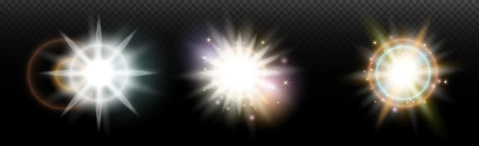 Set of flash light effect with glare and glow on a transparent background. Ma 스톡 일러스트