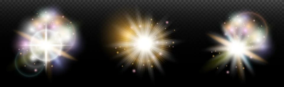 Set of flash light effect with glare and glow on a transparent background. Ma Stock Illustration