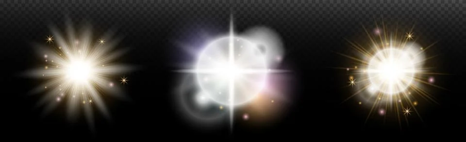Set of flash light effect with glare and glow on a transparent background. Ma Illustrazione stock