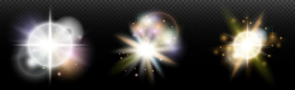 Set of flash light effect with glare and glow on a transparent background. Ma 스톡 일러스트