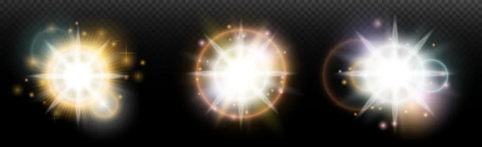 Set of flash light effect with glare and glow on a transparent background. Ma Illustrazione stock