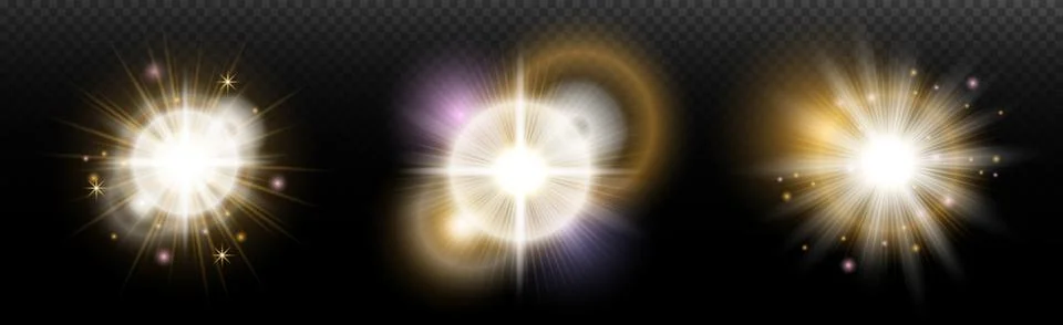 Set of flash light effect with glare and glow on a transparent background. Ma Illustrazione stock