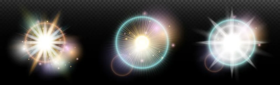 Set of flash light effect with glare and glow on a transparent background. Ma 스톡 일러스트