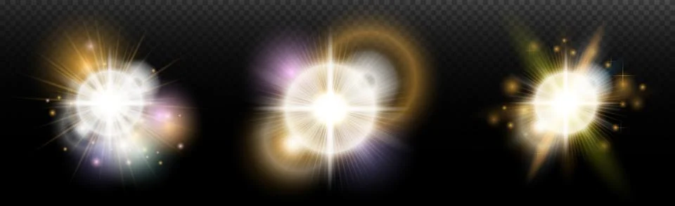 Set of flash light effect with glare and glow on a transparent background. Ma 스톡 일러스트