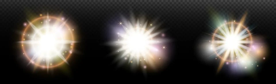 Set of flash light effect with glare and glow on a transparent background. Ma 스톡 일러스트