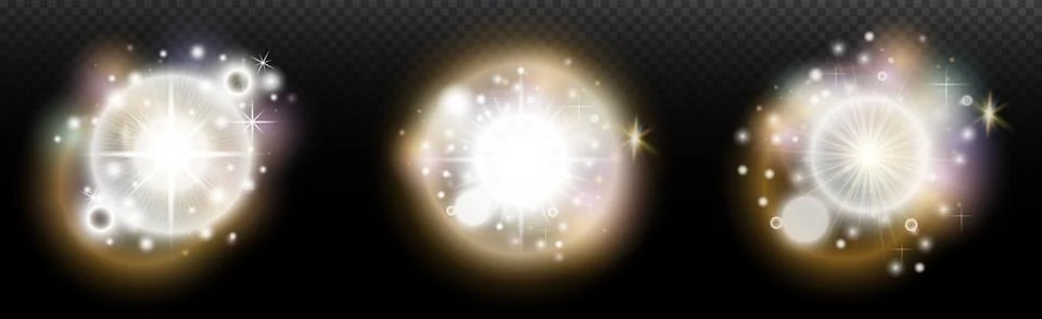 Set of flash light effect with glare and glow on a transparent background. Ma Stock Illustration