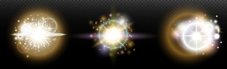 Set of flash light effect with glare and glow on a transparent background. Ma Stock Illustration