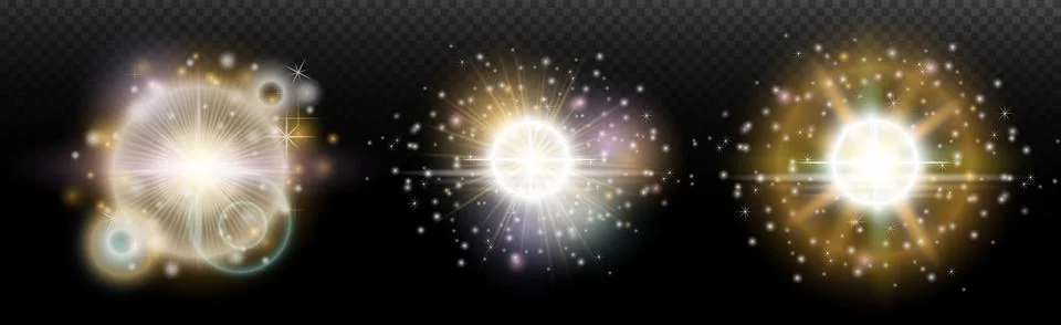 Set of flash light effect with glare and glow on a transparent background. Ma Stock Illustration