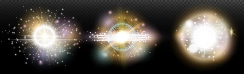 Set of flash light effect with glare and glow on a transparent background. Ma Stock Illustration