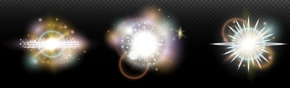 Set of flash light effect with glare and glow on a transparent background. Ma Stock Illustration