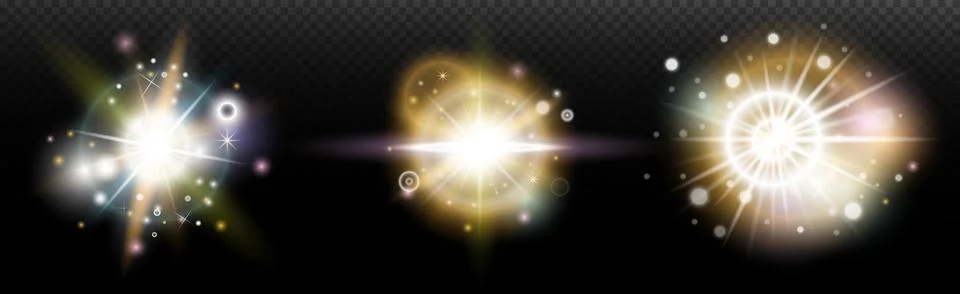 Set of flash light effect with glare and glow on a transparent background. Ma Stock Illustration
