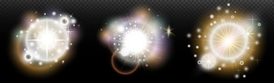 Set of flash light effect with glare and glow on a transparent background. Ma Stock Illustration