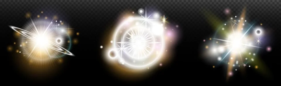 Set of flash light effect with glare and glow on a transparent background. Ma Stock Illustration
