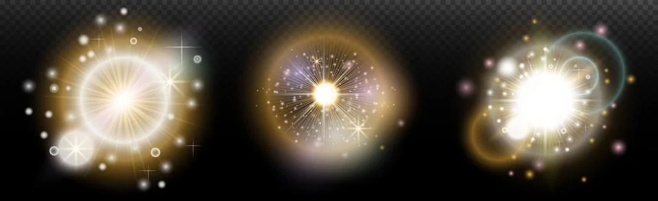 Set of flash light effect with glare and glow on a transparent background. Ma Illustrazione stock