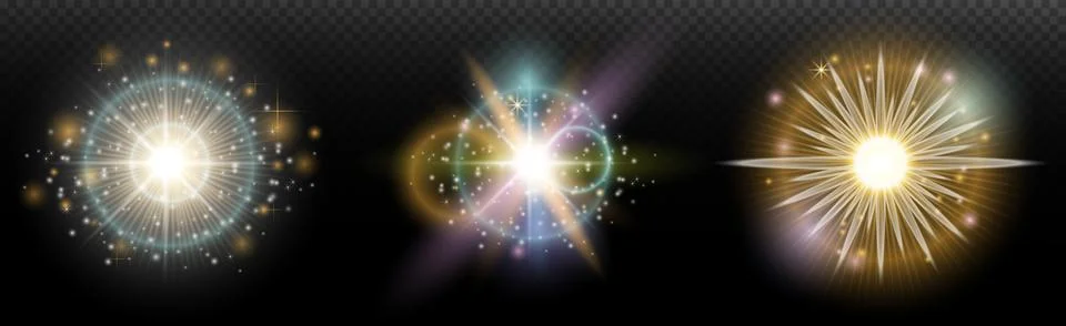 Set of flash light effect with glare and glow on a transparent background. Ma 스톡 일러스트