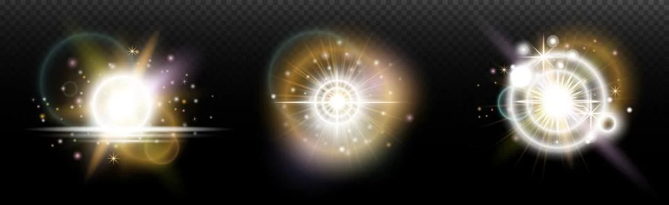 Set of flash light effect with glare and glow on a transparent background. Ma 스톡 일러스트