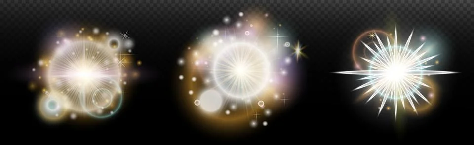 Set of flash light effect with glare and glow on a transparent background. Ma Stock Illustration
