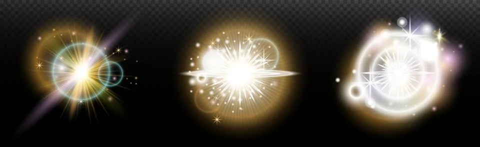 Set of flash light effect with glare and glow on a transparent background. Ma Stock Illustration