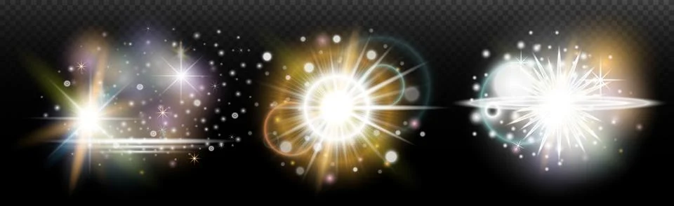 Set of flash light effect with glare and glow on a transparent background. Ma Stock Illustration