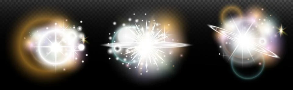 Set of flash light effect with glare and glow on a transparent background. Ma Illustrazione stock