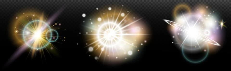 Set of flash light effect with glare and glow on a transparent background. Ma Illustrazione stock