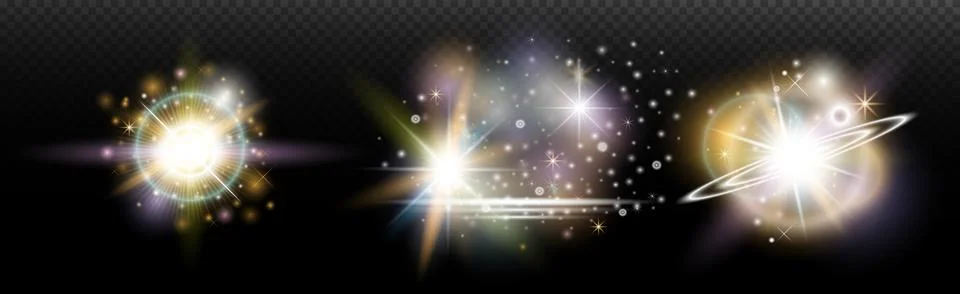 Set of flash light effect with glare and glow on a transparent background. Ma Stock Illustration