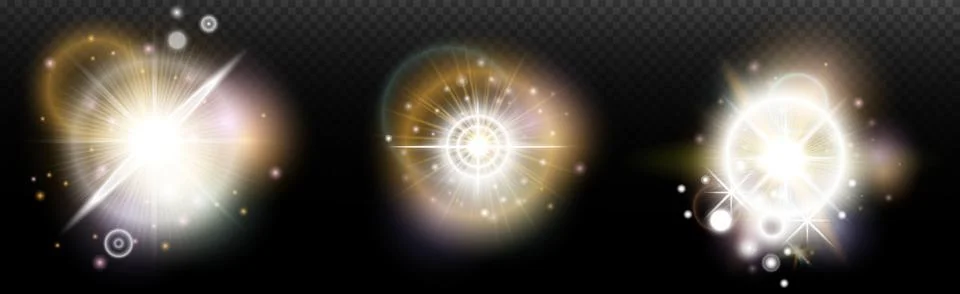 Set of flash light effect with glare and glow on a transparent background. Ma Stock Illustration